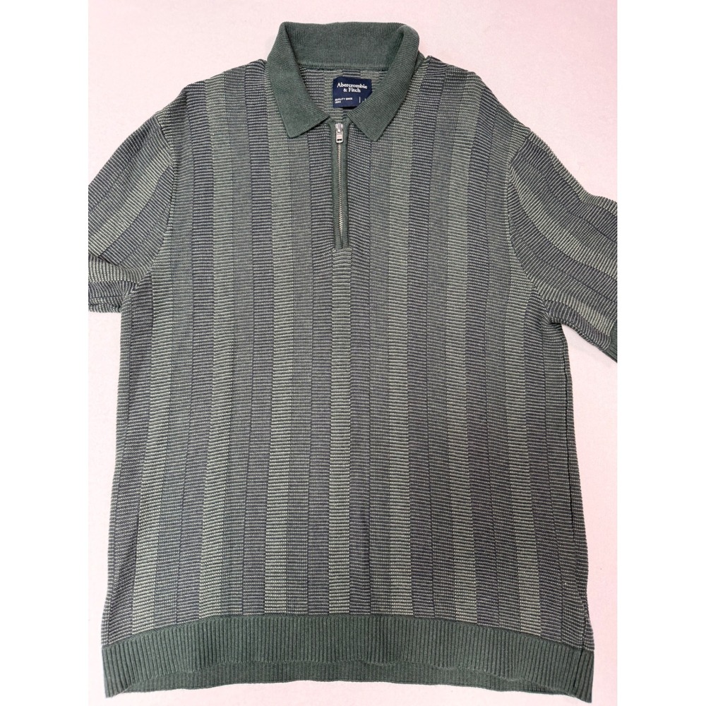 Abercrombie & Fitch Mens Green Striped Quarter Zip Knit Sweater Polo Large